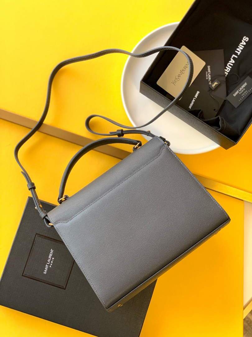 YSL 578000 Cassandra Top Handle Medium Bag In Grain De Poudre Embossed Leather Dark gray