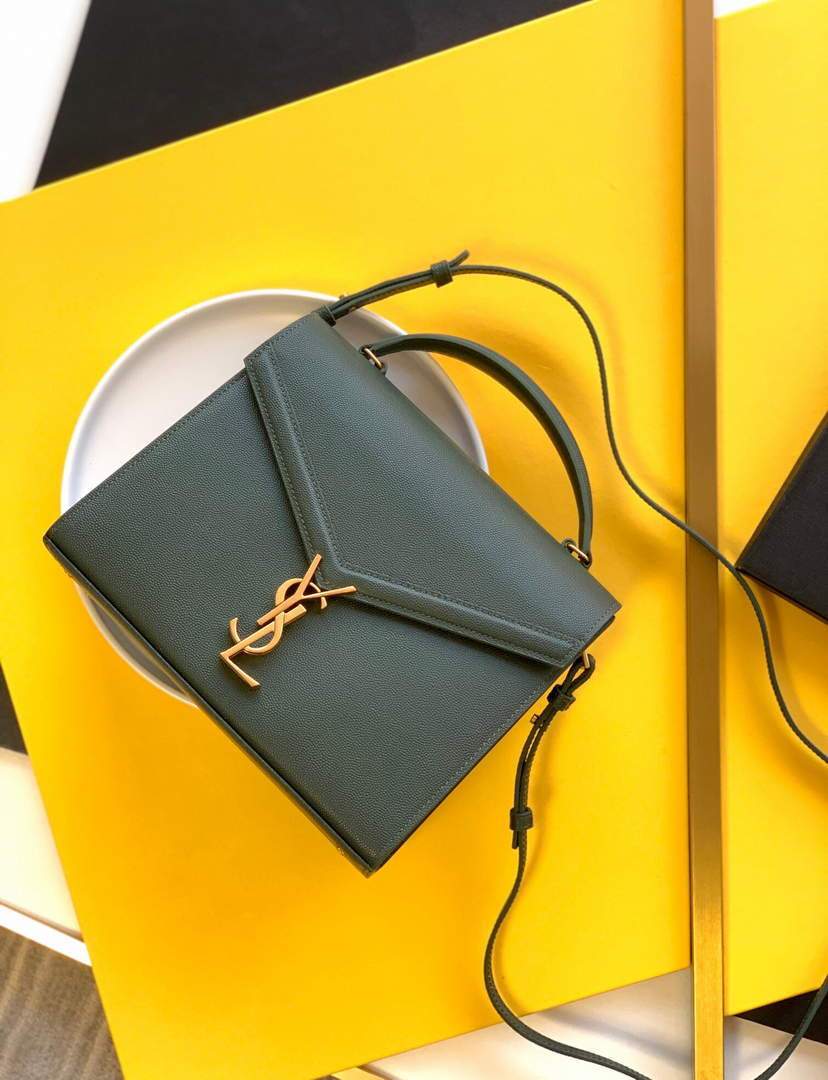YSL 578000 Cassandra Top Handle Medium Bag In Grain De Poudre Embossed Leather Green