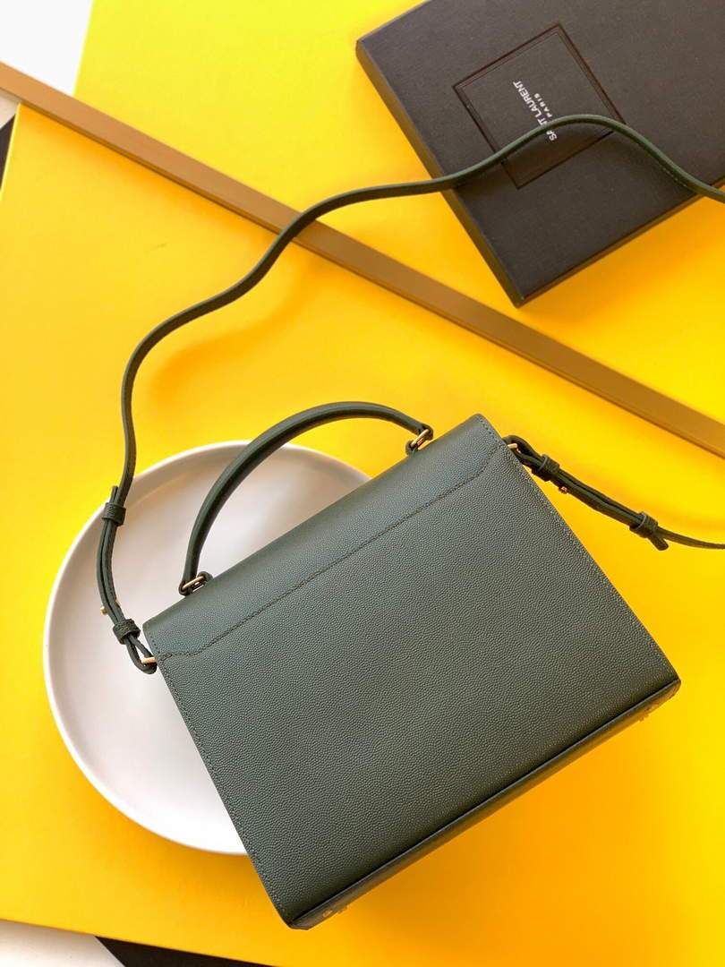 YSL 578000 Cassandra Top Handle Medium Bag In Grain De Poudre Embossed Leather Green
