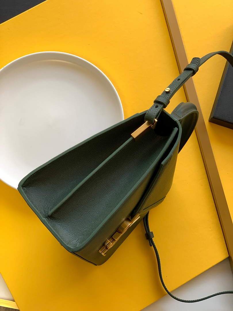 YSL 578000 Cassandra Top Handle Medium Bag In Grain De Poudre Embossed Leather Green