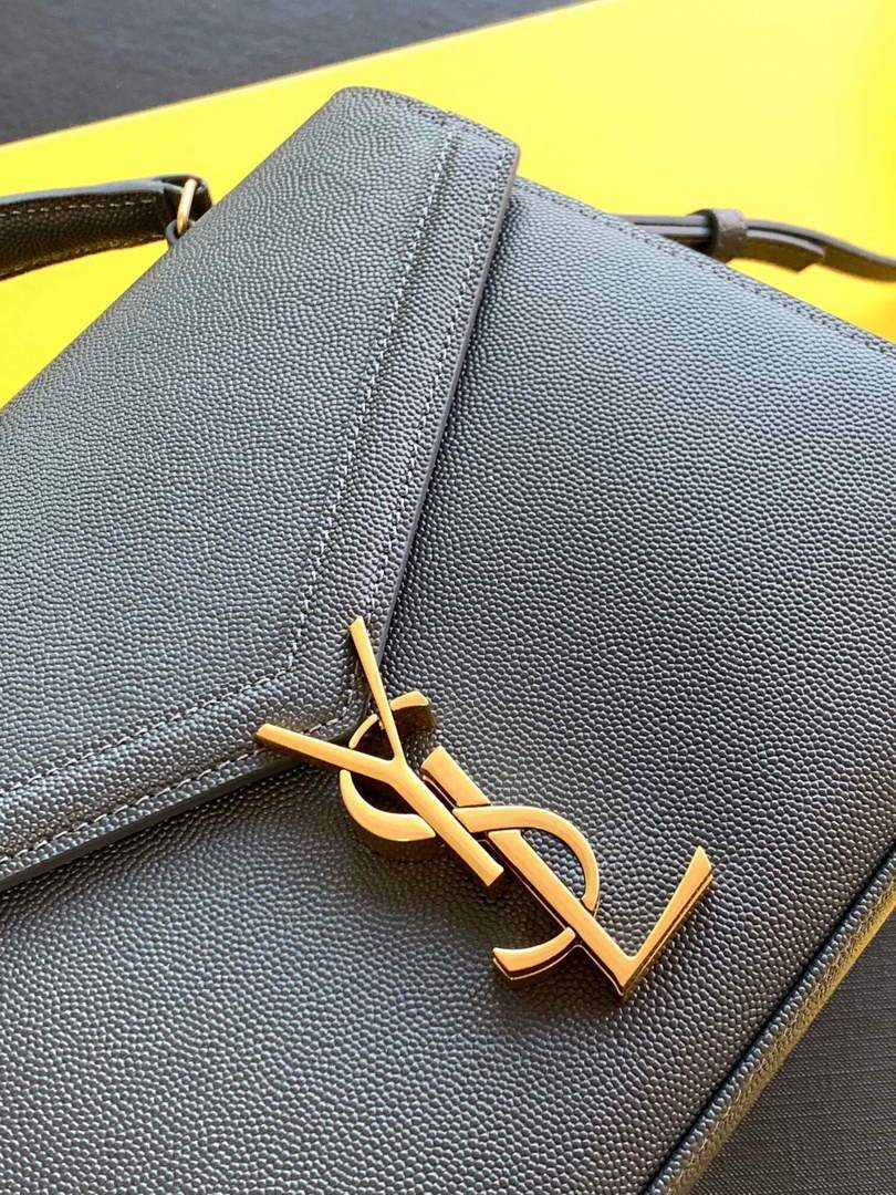 YSL 578000 Cassandra Top Handle Medium Bag In Grain De Poudre Embossed Leather Dark gray