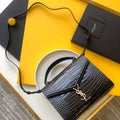 YSL 578000 Crocodile Embossed Shiny Leather Bag Black Silver buckle