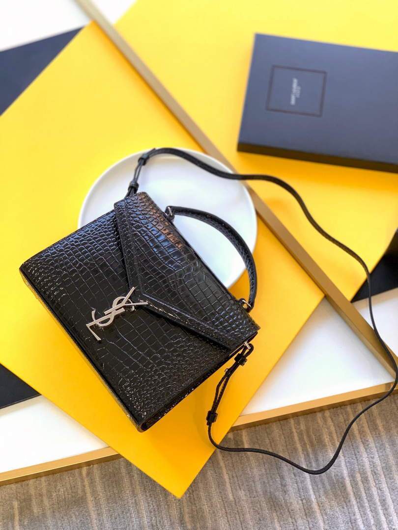 YSL 578000 Crocodile Embossed Shiny Leather Bag Black Silver buckle