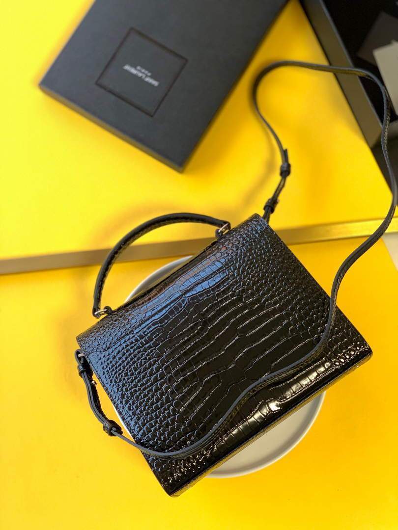 YSL 578000 Crocodile Embossed Shiny Leather Bag Black Silver buckle