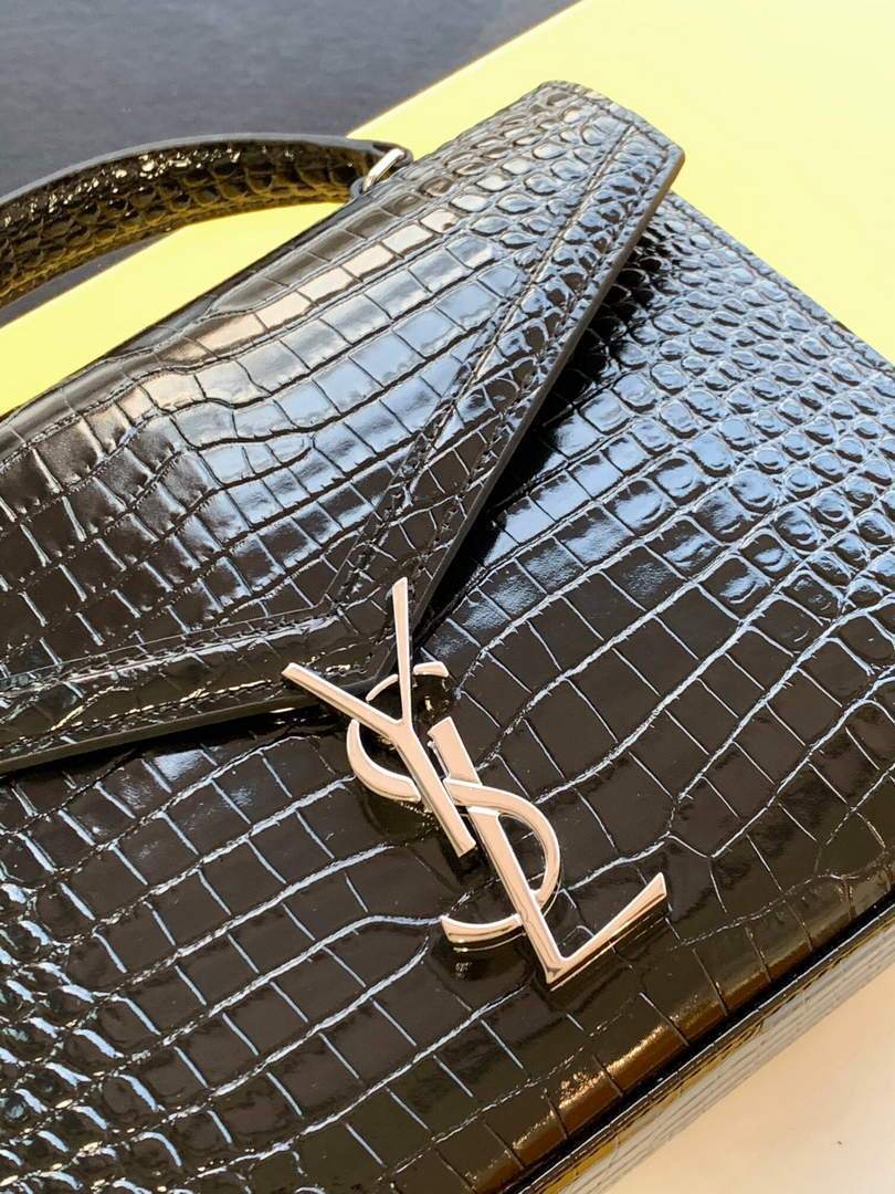 YSL 578000 Crocodile Embossed Shiny Leather Bag Black Silver buckle