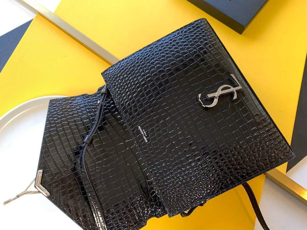 YSL 578000 Crocodile Embossed Shiny Leather Bag Black Silver buckle