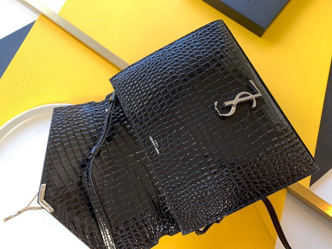 YSL 578000 Crocodile Embossed Shiny Leather Bag Black Silver buckle