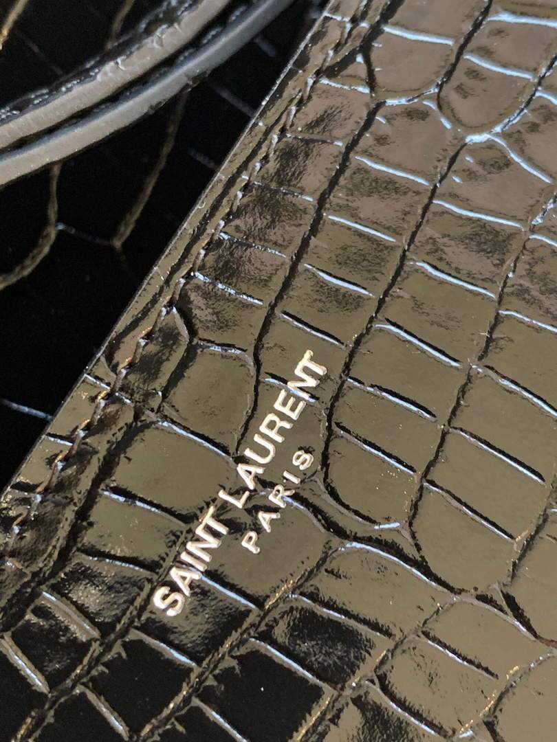 YSL 578000 Crocodile Embossed Shiny Leather Bag Black Silver buckle
