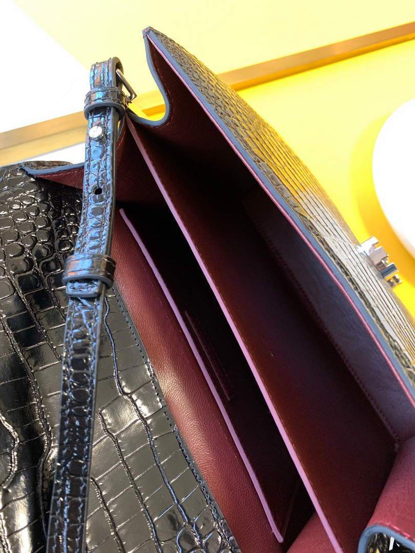 YSL 578000 Crocodile Embossed Shiny Leather Bag Black Silver buckle