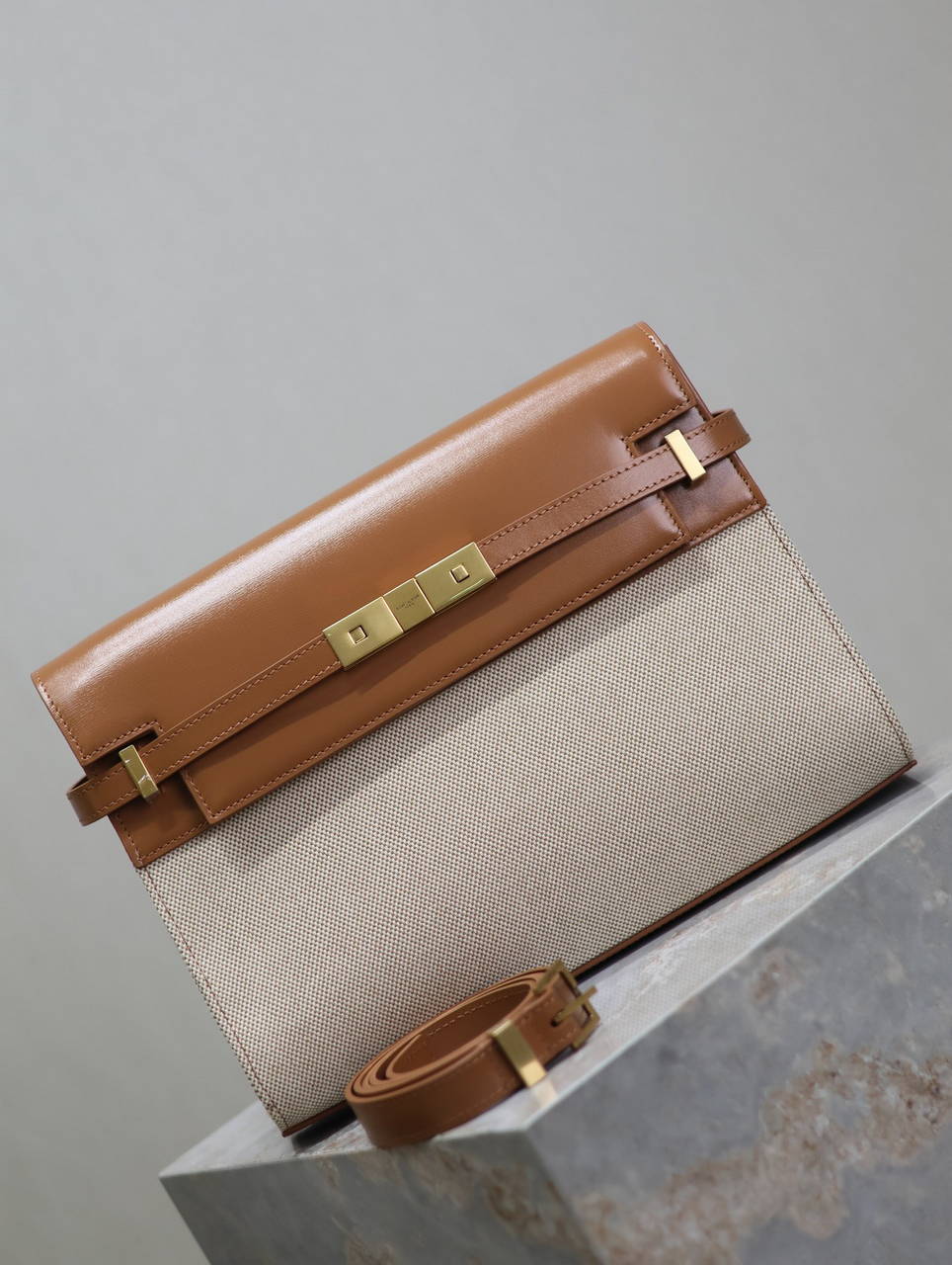 YSL 579271 Manhattan In Box Saint Laurent calfskin and canvas Brown