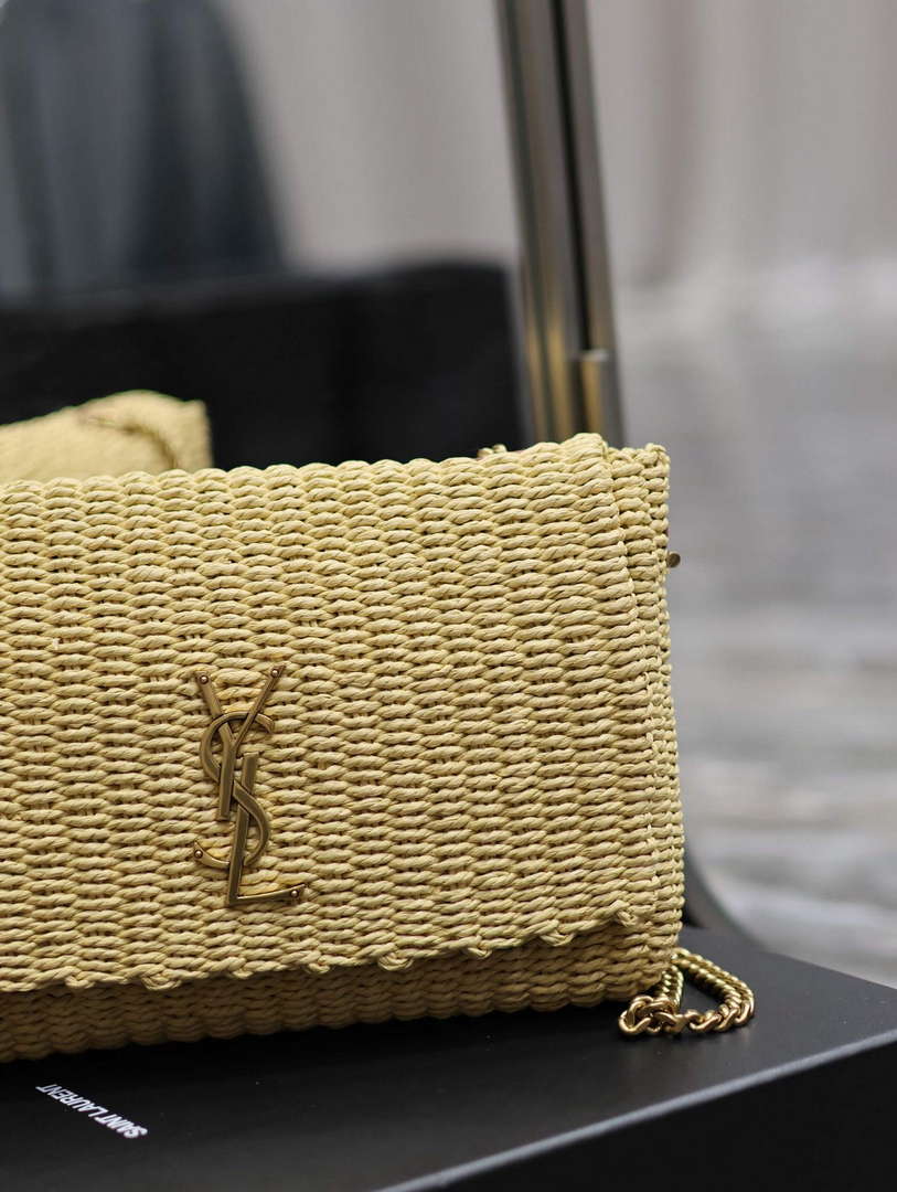 YSL 580065 Kate Medium Supple Chain Bag In Raffia Apricot