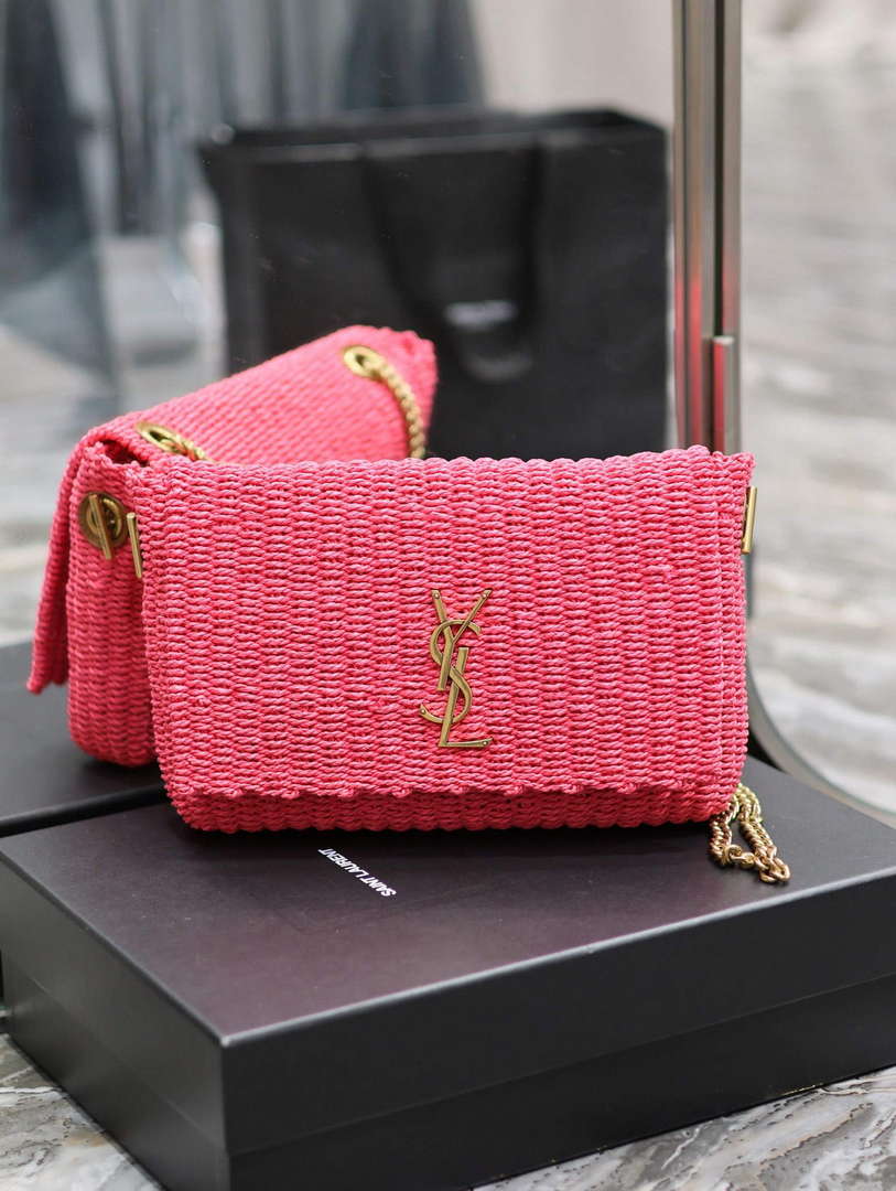 YSL 580065 Kate Medium Supple Chain Bag In Raffia Neon Pink - Default Title - View 1