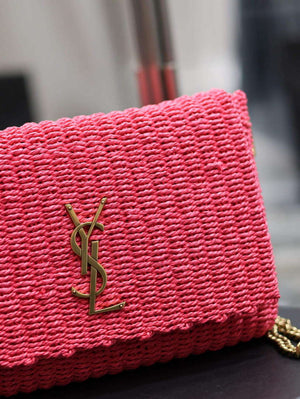 YSL 580065 Kate Medium Supple Chain Bag In Raffia Neon Pink - Default Title - View 10