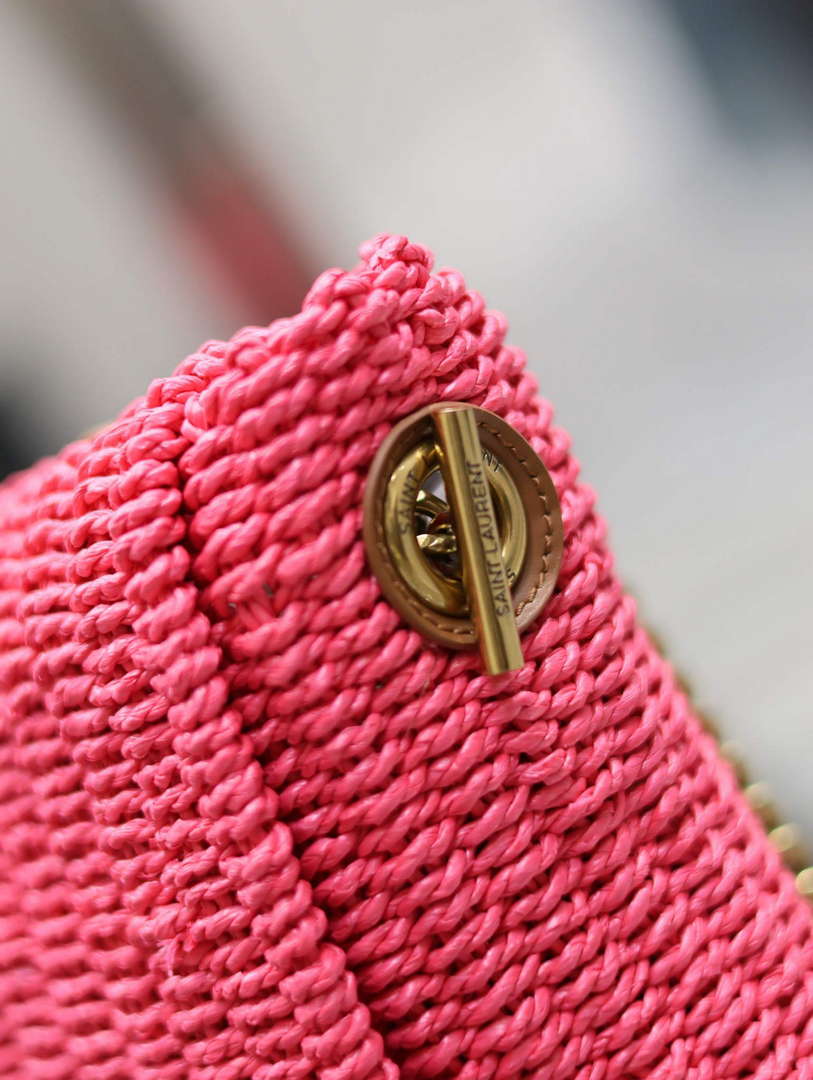 YSL 580065 Kate Medium Supple Chain Bag In Raffia Neon Pink