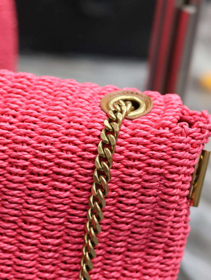 YSL 580065 Kate Medium Supple Chain Bag In Raffia Neon Pink