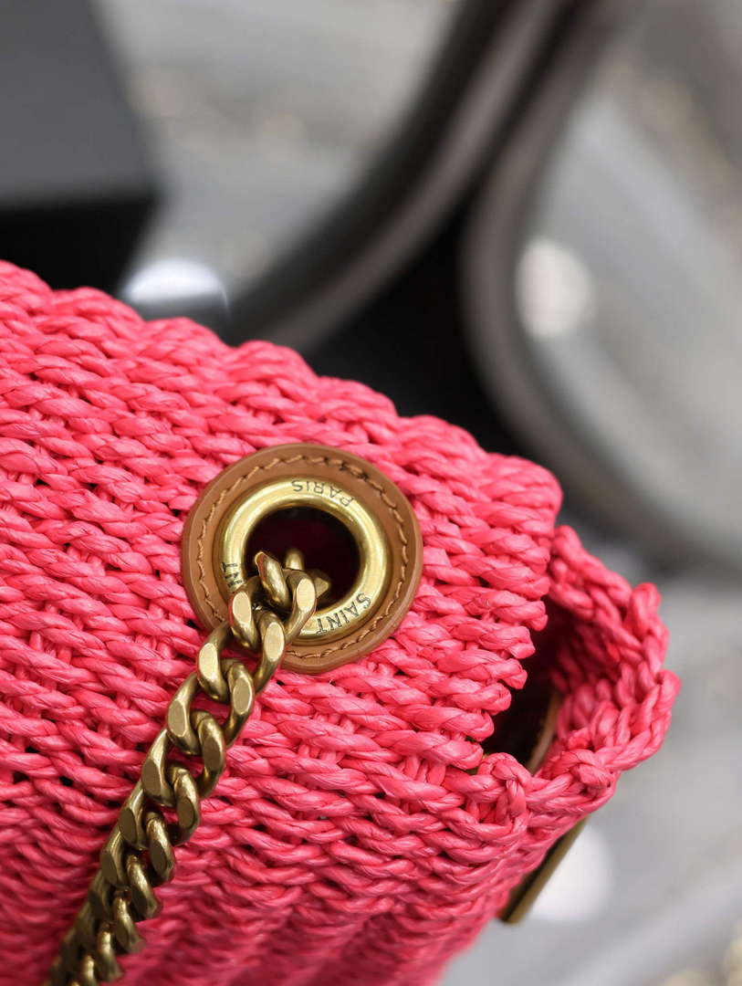 YSL 580065 Kate Medium Supple Chain Bag In Raffia Neon Pink
