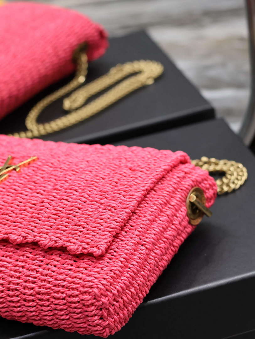 YSL 580065 Kate Medium Supple Chain Bag In Raffia Neon Pink