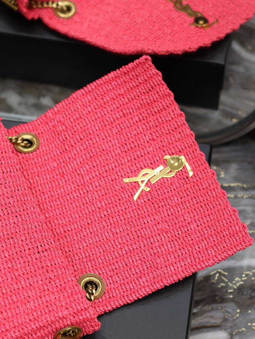 YSL 580065 Kate Medium Supple Chain Bag In Raffia Neon Pink