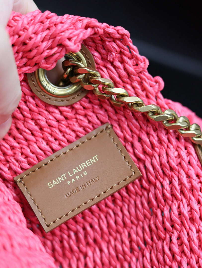 YSL 580065 Kate Medium Supple Chain Bag In Raffia Neon Pink