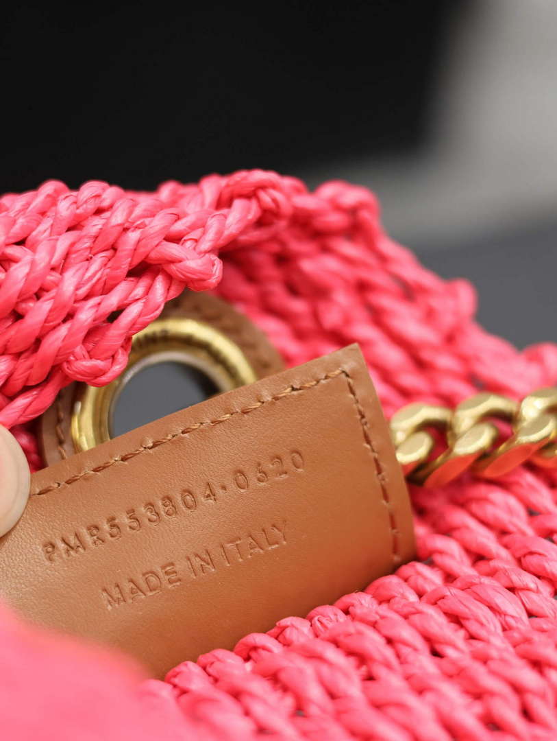 YSL 580065 Kate Medium Supple Chain Bag In Raffia Neon Pink