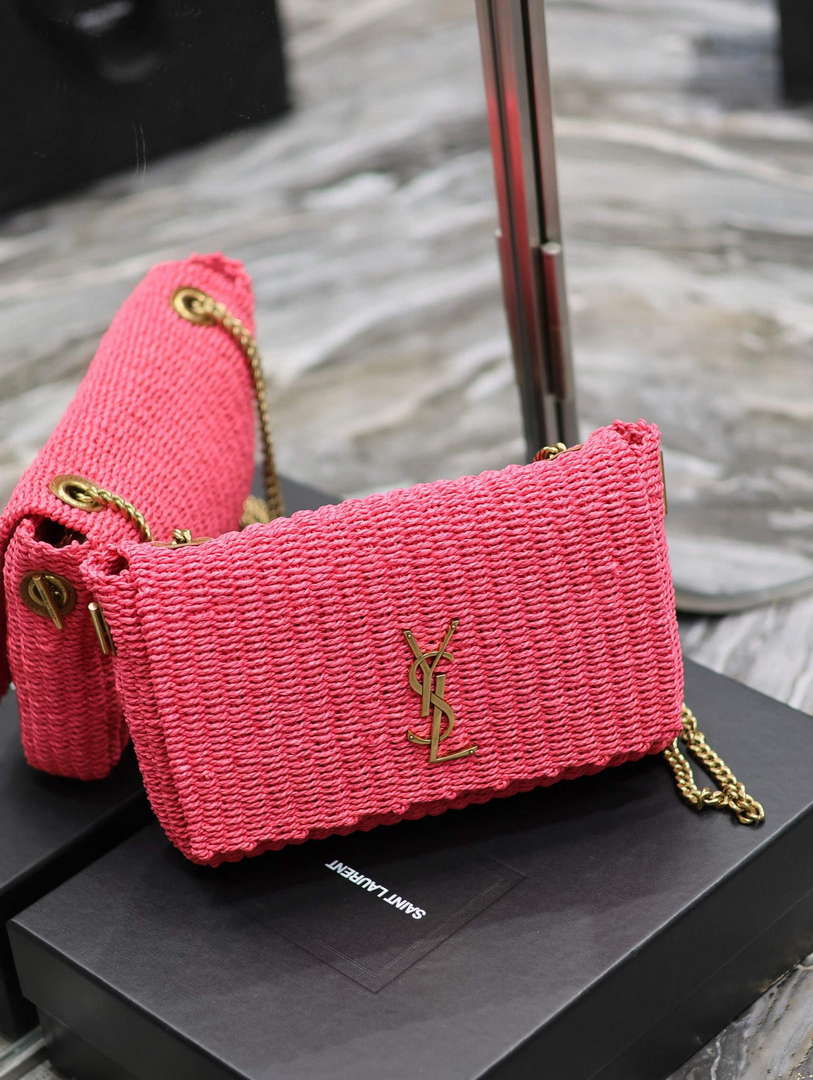 YSL 580065 Kate Medium Supple Chain Bag In Raffia Neon Pink