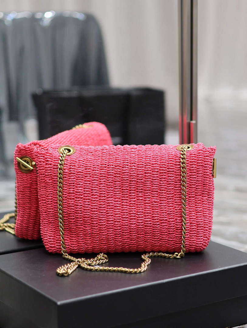 YSL 580065 Kate Medium Supple Chain Bag In Raffia Neon Pink