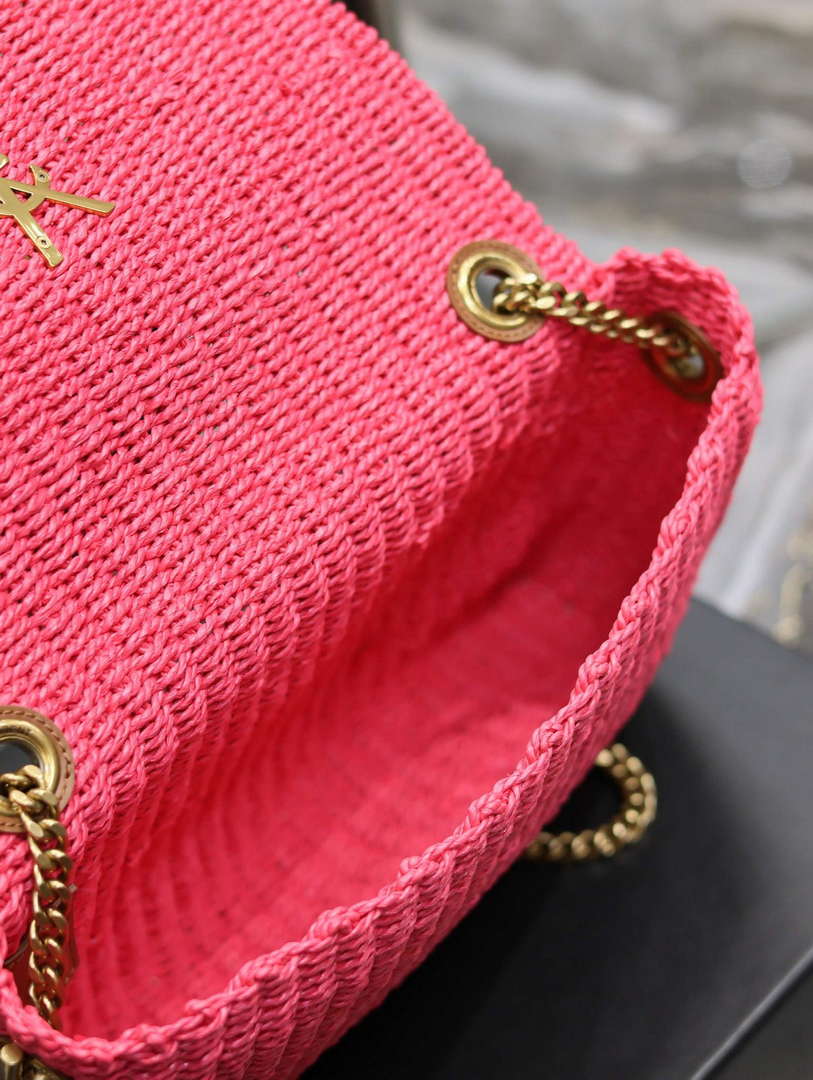 YSL 580065 Kate Medium Supple Chain Bag In Raffia Neon Pink