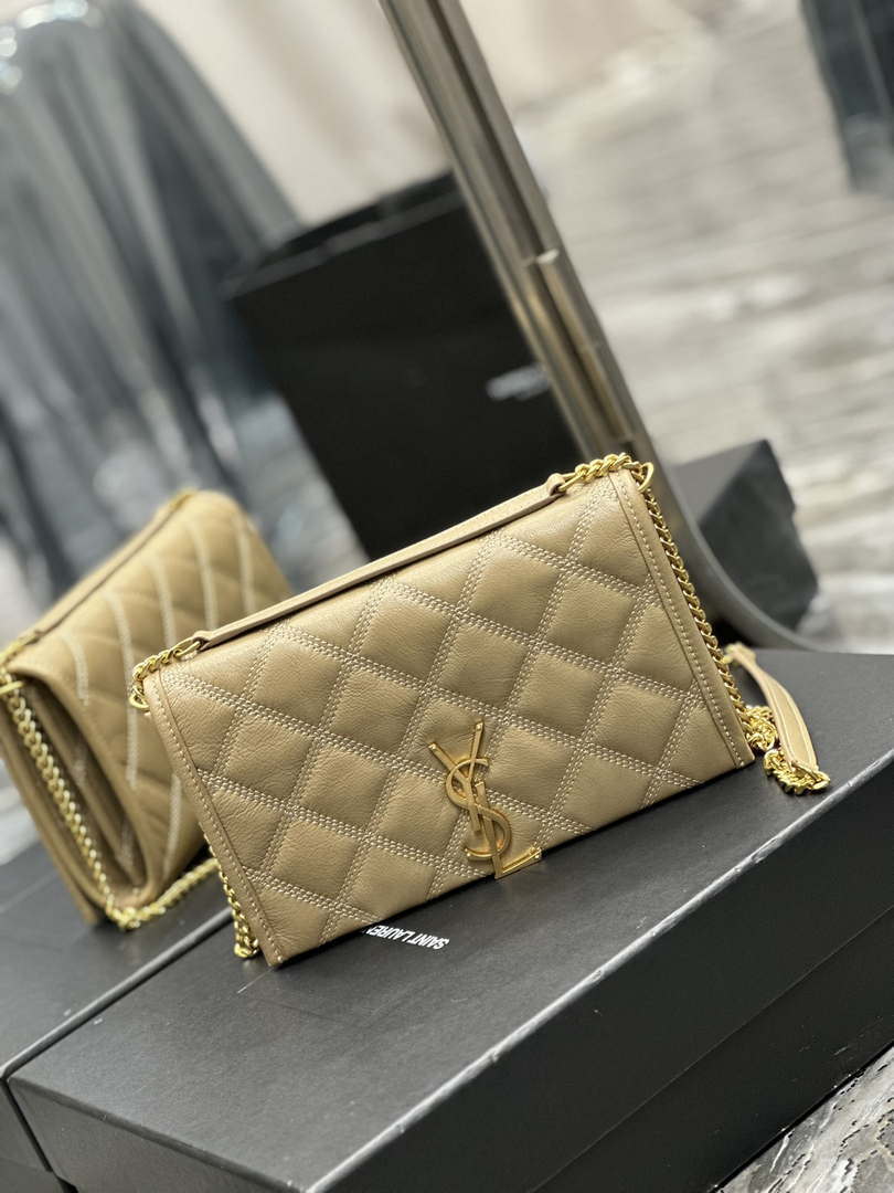 YSL 585031 Saint Laurent Becky Chain Shoulder Bag Leather Apricot