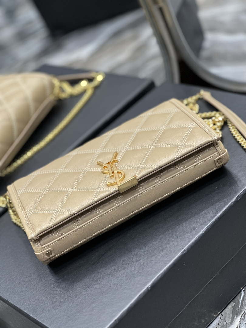 YSL 585031 Saint Laurent Becky Chain Shoulder Bag Leather Apricot - Default Title - View 7