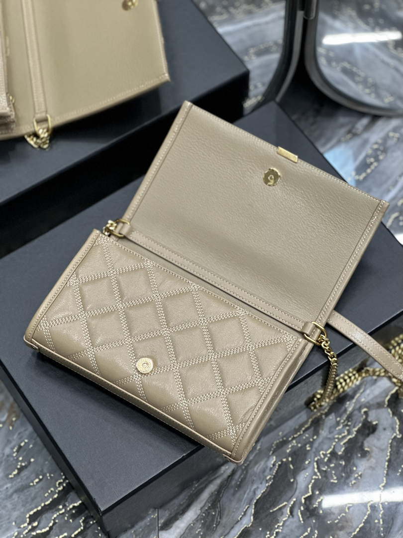 YSL 585031 Saint Laurent Becky Chain Shoulder Bag Leather Apricot