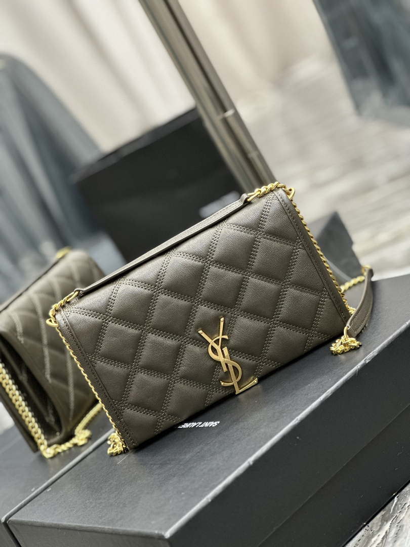 YSL 585031 Saint Laurent Becky Chain Shoulder Bag Leather Gray