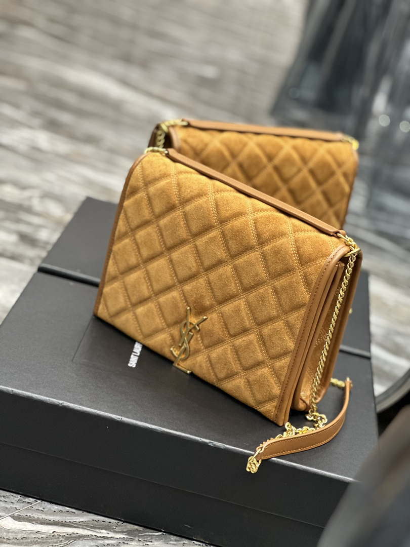 YSL 629246 Saint Laurent Becky Chain Shoulder Bag 25cm Suede Leather Tan