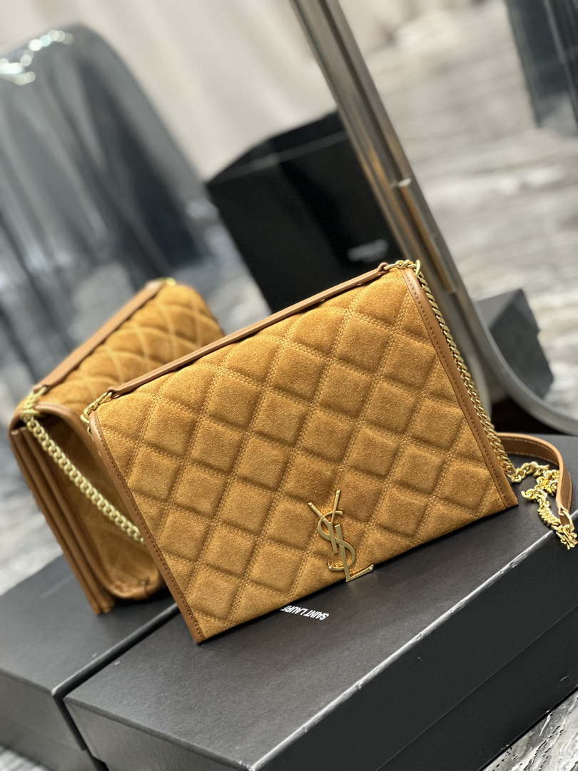 YSL 629246 Saint Laurent Becky Chain Shoulder Bag 25cm Suede Leather Tan