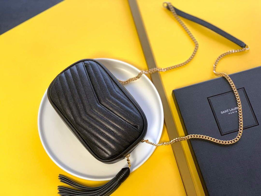 YSL 585040 Lou Mini Camera Bag in Black Matelasse Leather Black Gold buckle