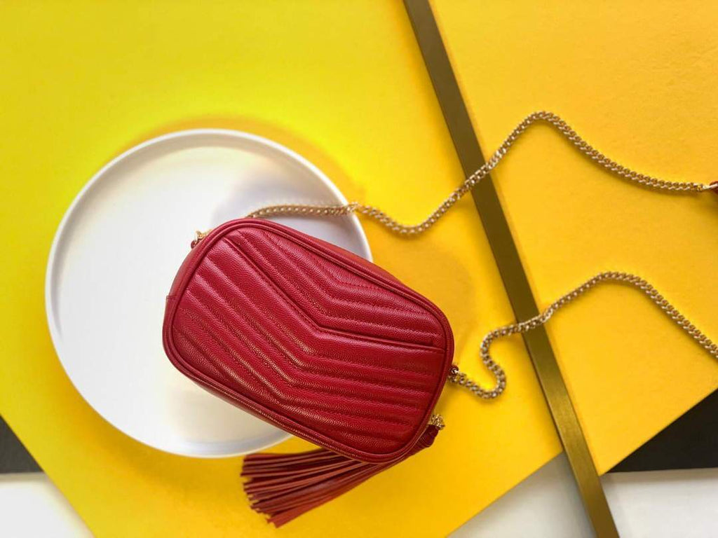 YSL 585040 Lou Mini Camera Bag in Black Matelasse Leather Red