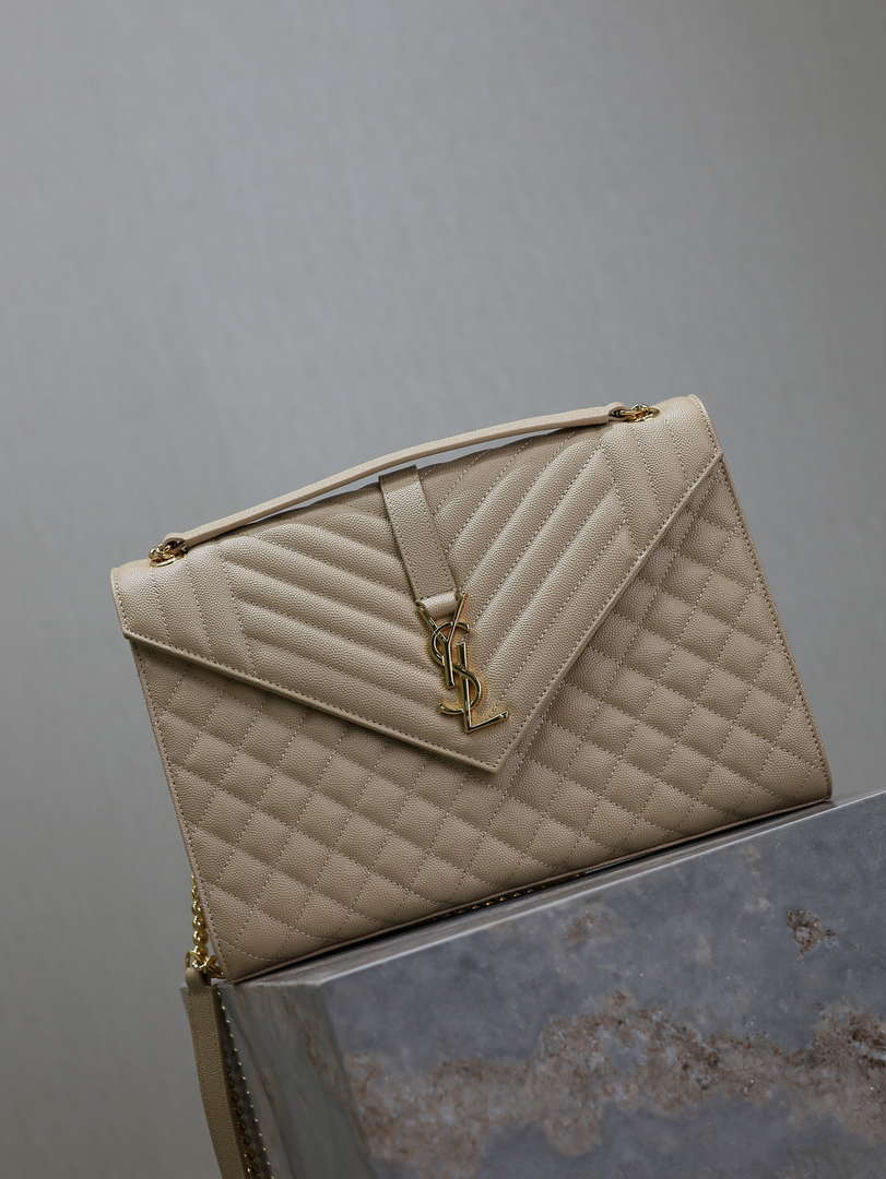 YSL 600166 Envelope Large In Quilted Grain De Poudre Embossed Aprioct Leather