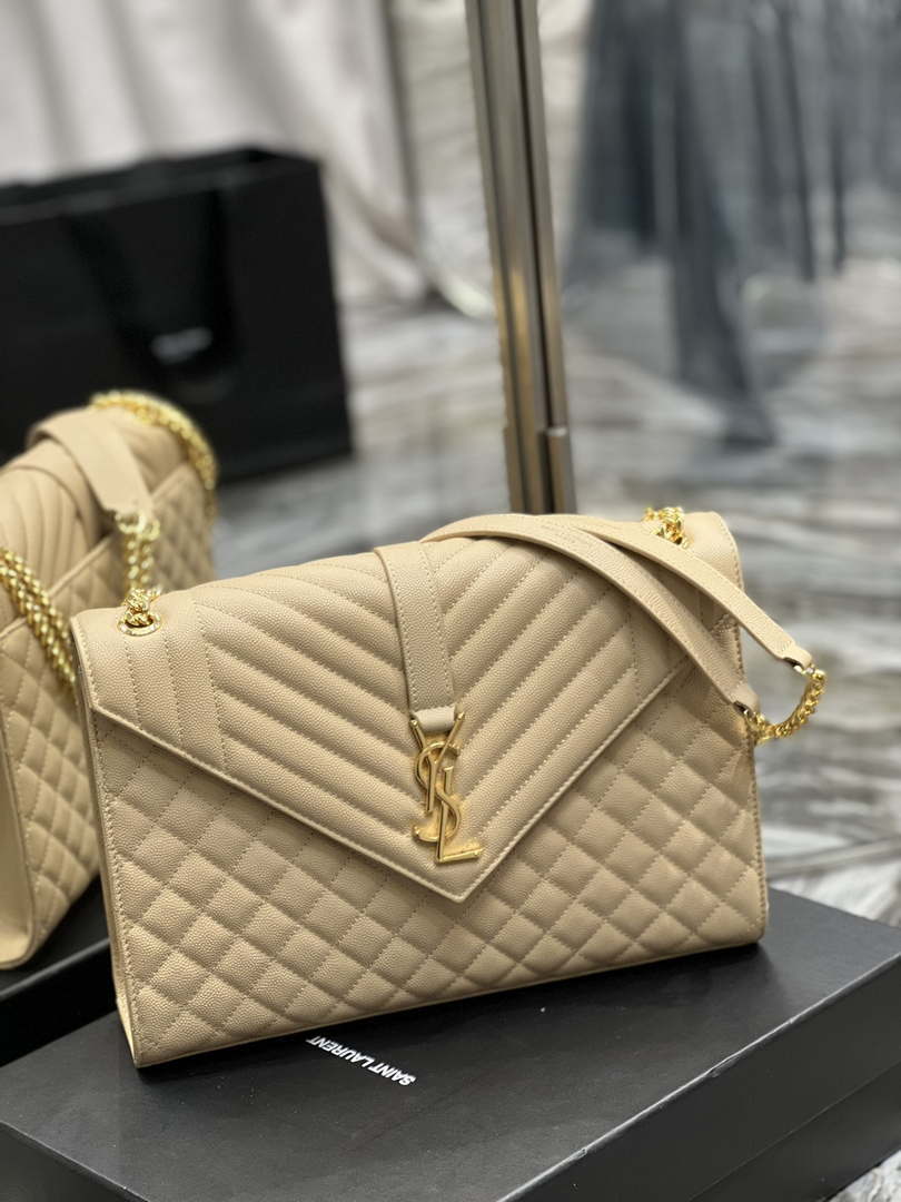 YSL 600166 Envelope Large In Quilted Grain De Poudre Embossed Leather Apricot