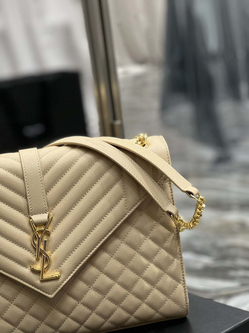 YSL 600166 Envelope Large In Quilted Grain De Poudre Embossed Leather Apricot - Default Title - View 3