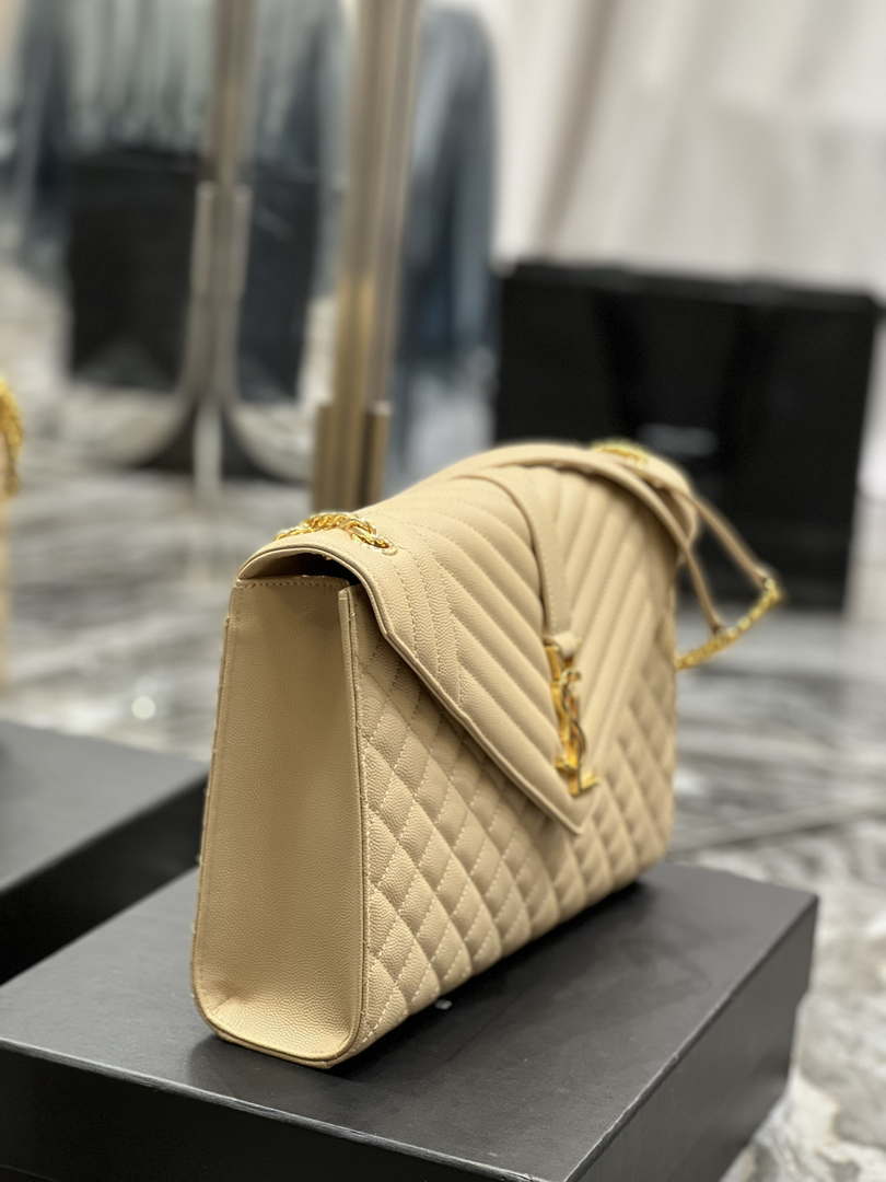 YSL 600166 Envelope Large In Quilted Grain De Poudre Embossed Leather Apricot
