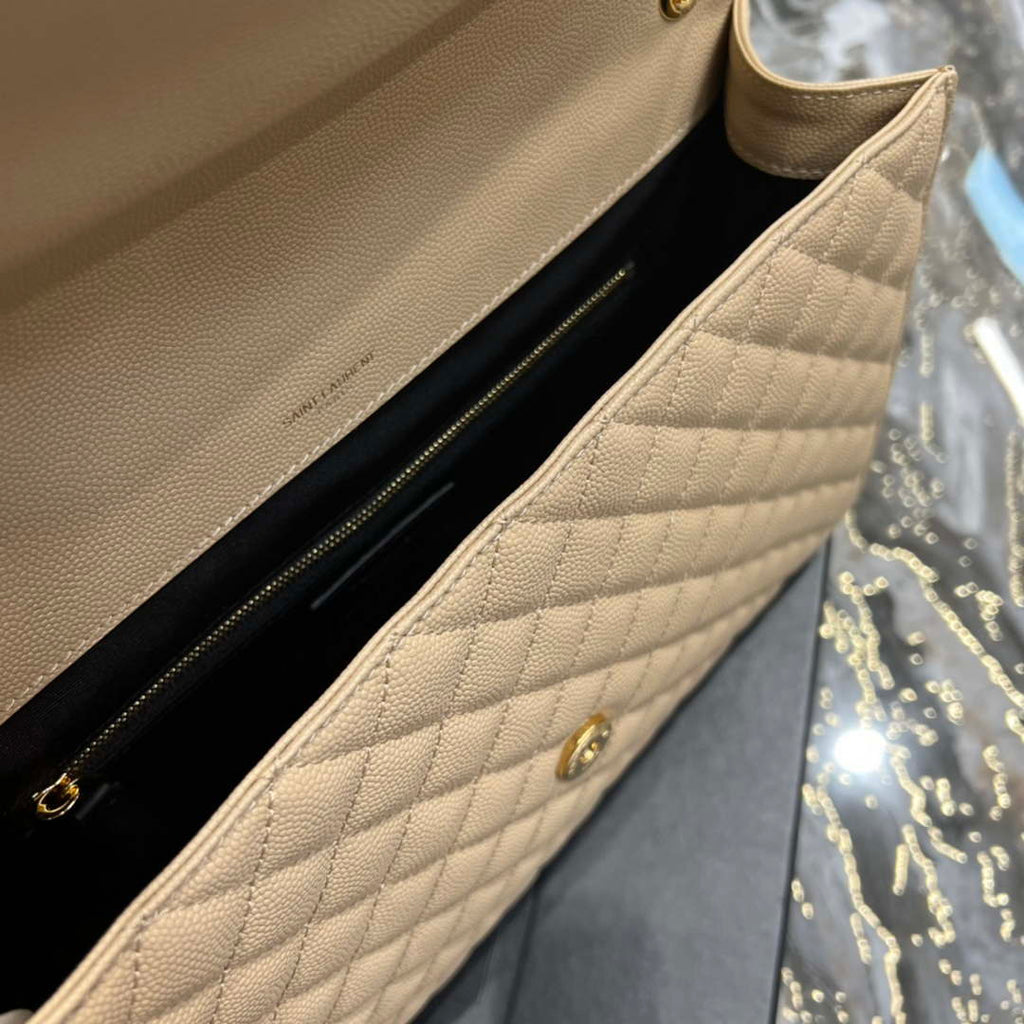 YSL 600166 Envelope Large In Quilted Grain De Poudre Embossed Leather Apricot