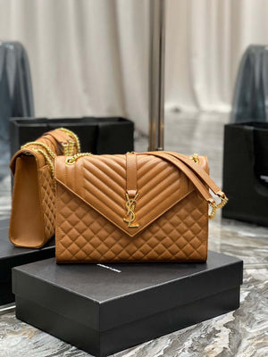 YSL 600166 Envelope Large In Quilted Grain De Poudre Embossed Leather Black Caramel - Default Title - View 1