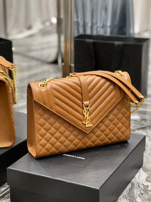 YSL 600166 Envelope Large In Quilted Grain De Poudre Embossed Leather Black Caramel - Default Title - View 3