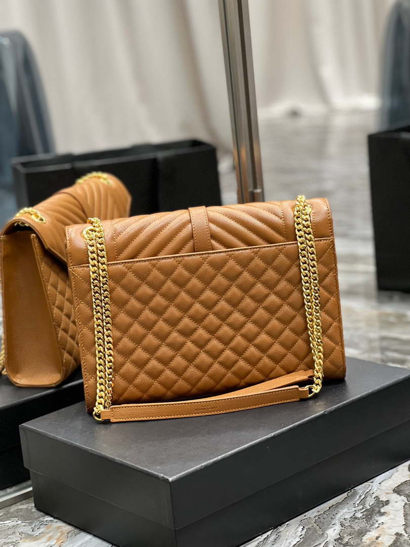 YSL 600166 Envelope Large In Quilted Grain De Poudre Embossed Leather Black Caramel
