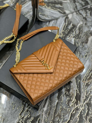 YSL 600166 Envelope Large In Quilted Grain De Poudre Embossed Leather Black Caramel - Default Title - View 7