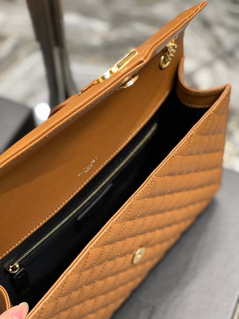 YSL 600166 Envelope Large In Quilted Grain De Poudre Embossed Leather Black Caramel