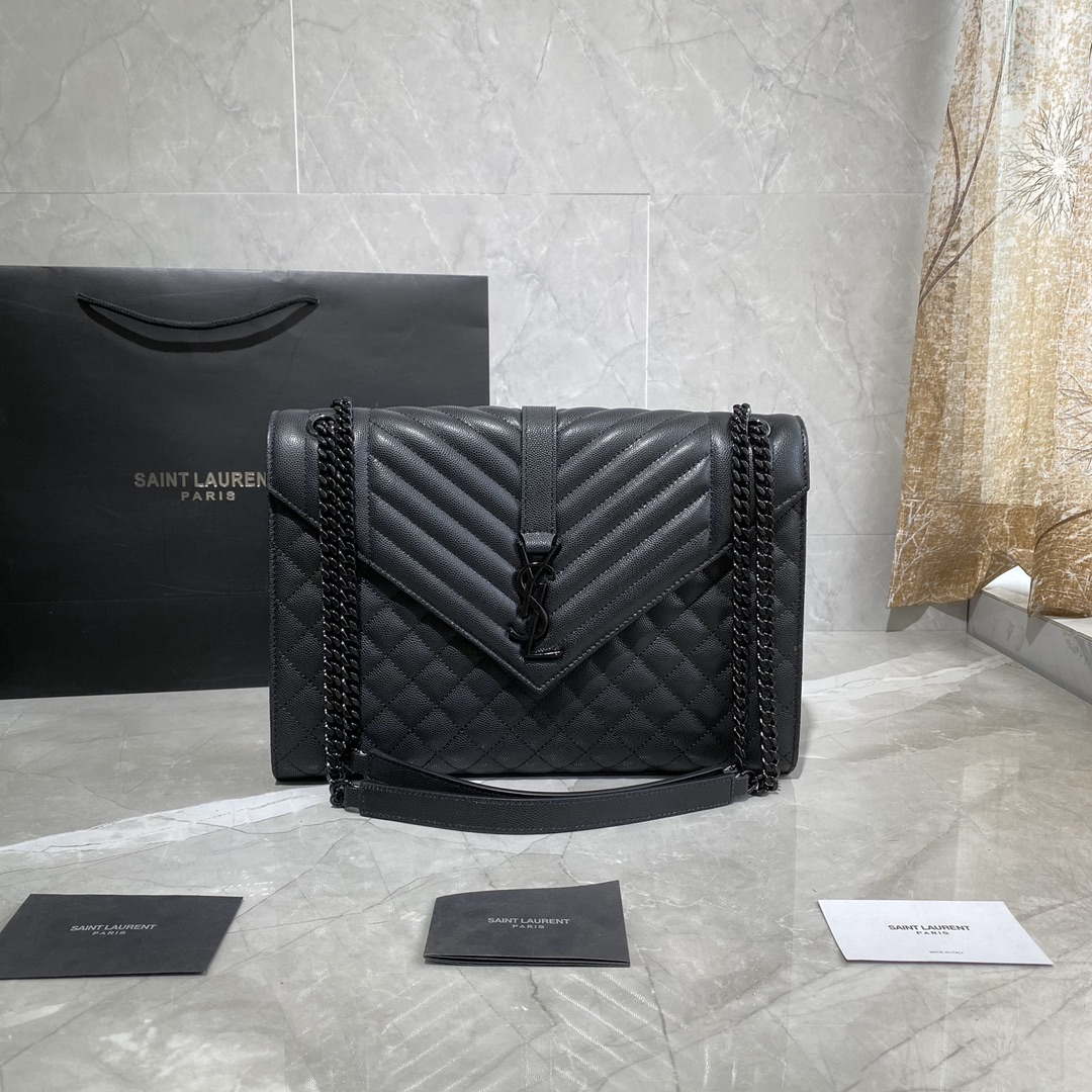 YSL 600166 Envelope Large In Quilted Grain De Poudre Embossed Leather Black With black logo - Default Title - View 1