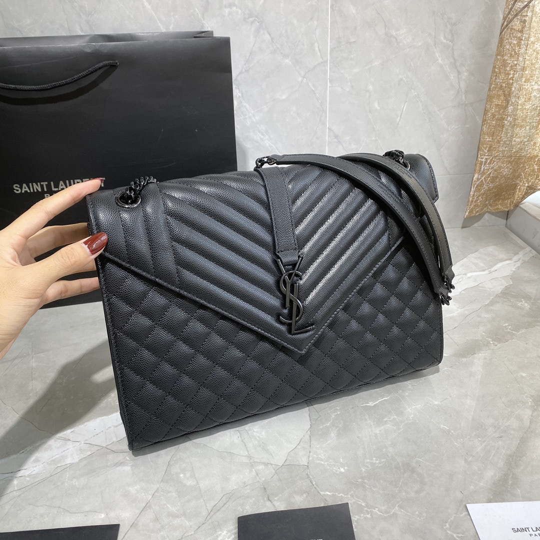 YSL 600166 Envelope Large In Quilted Grain De Poudre Embossed Leather Black With black logo