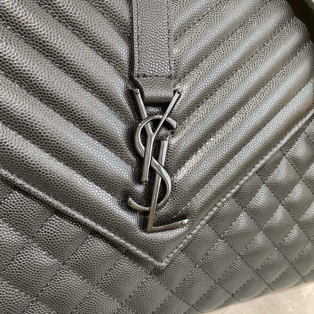 YSL 600166 Envelope Large In Quilted Grain De Poudre Embossed Leather Black With black logo