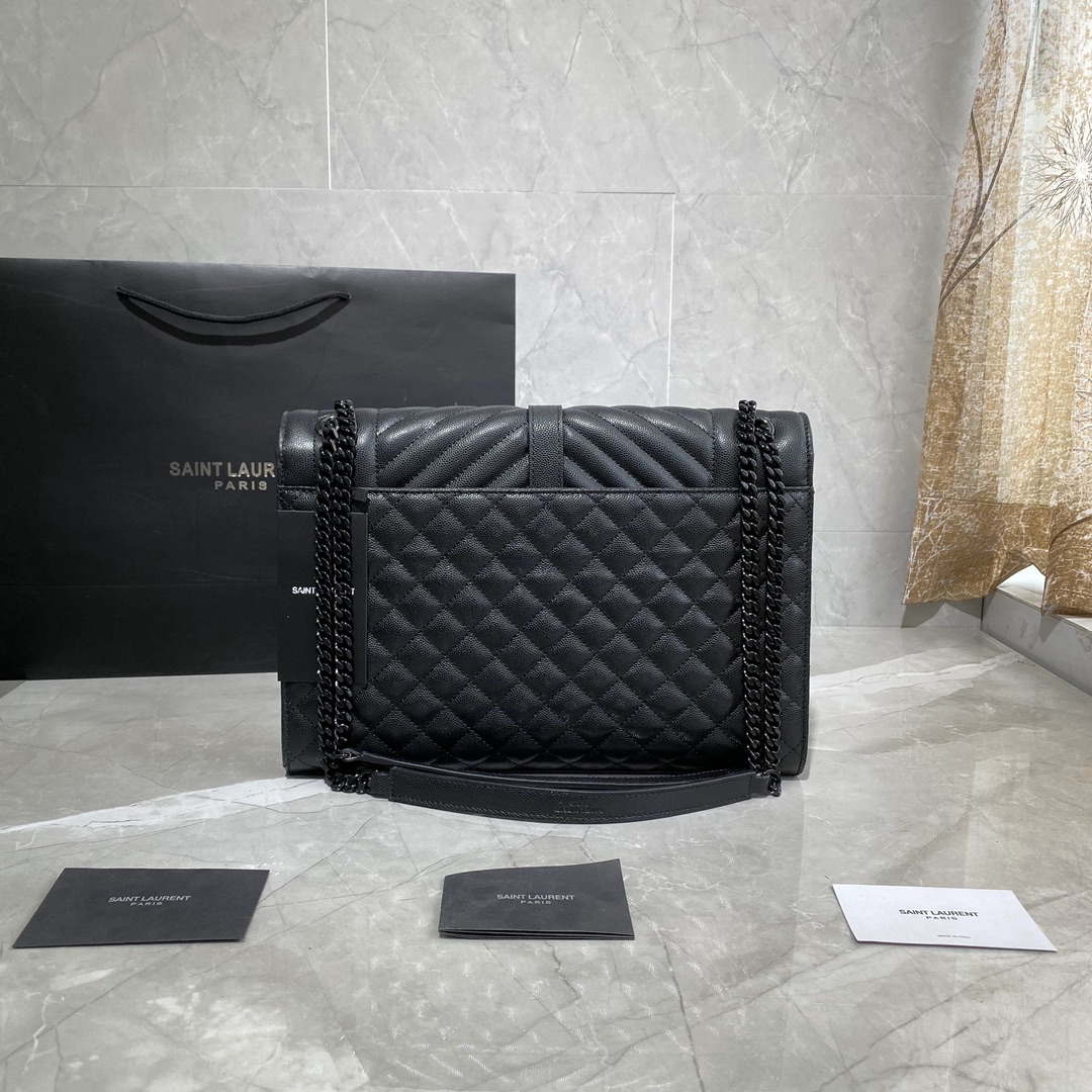 YSL 600166 Envelope Large In Quilted Grain De Poudre Embossed Leather Black With black logo