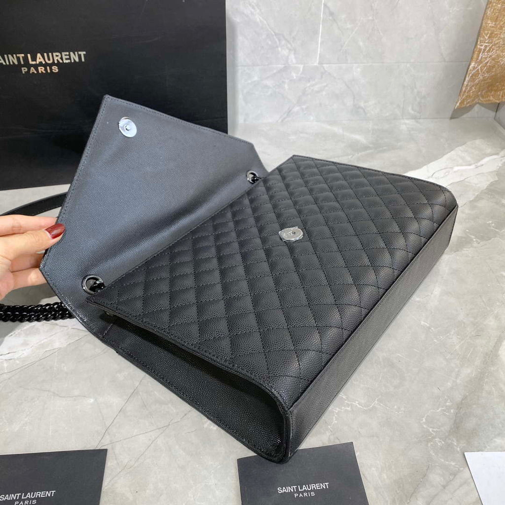 YSL 600166 Envelope Large In Quilted Grain De Poudre Embossed Leather Black With black logo